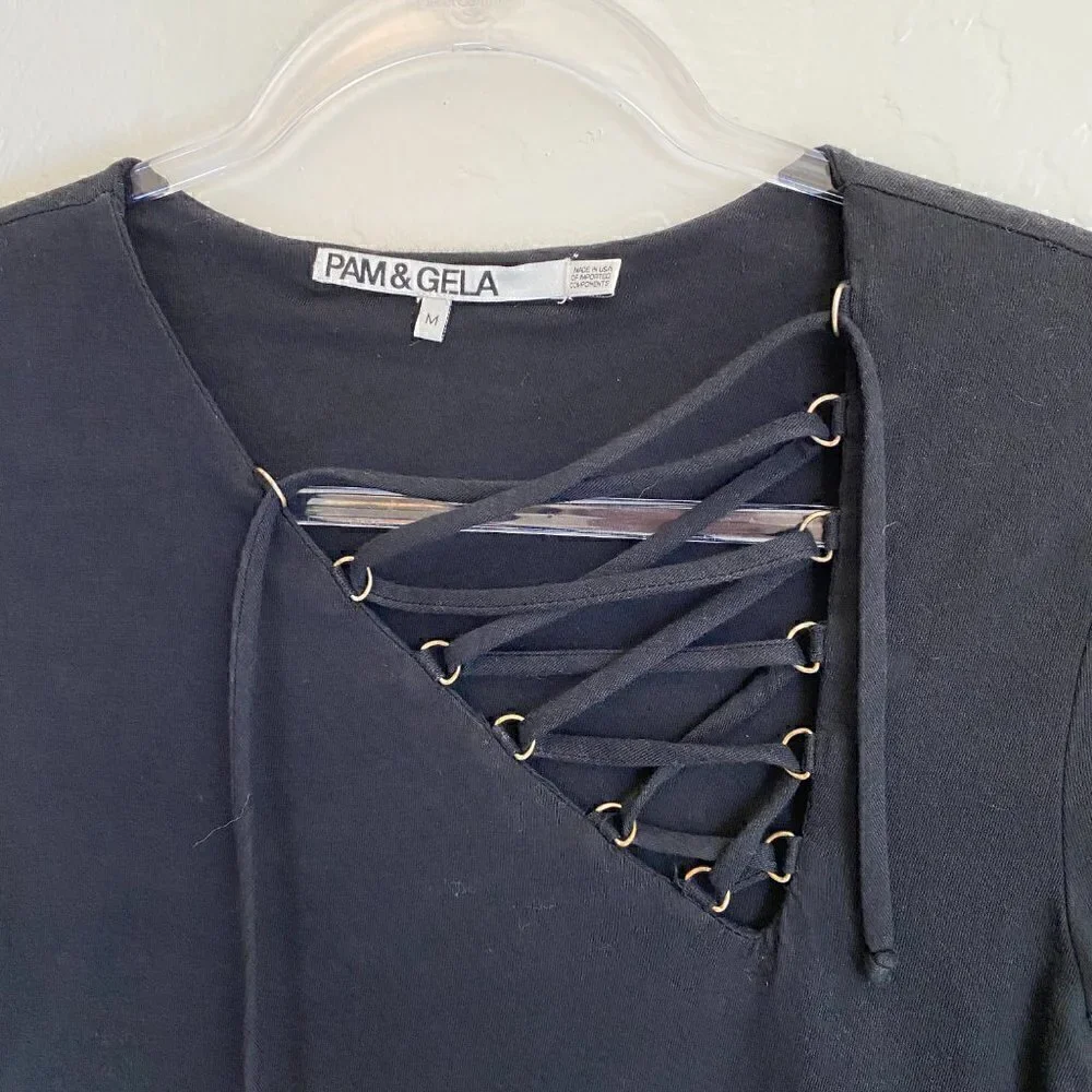 Pam & Gela Black Asymmetrical Lace-Up Detail Bodycon Mini Dress - Picture 4 of 7
